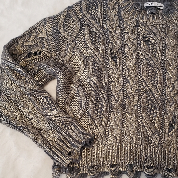 ZARA NEW WOMAN CABLE-KNIT METALLIC SWEATER FRAYED RIPPED BLUE GREY S-L - Picture 5 of 14